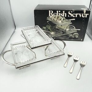 Vintage 1979 Leonard Silverplated Relish Server Crystal Trays Forks Set Crystal